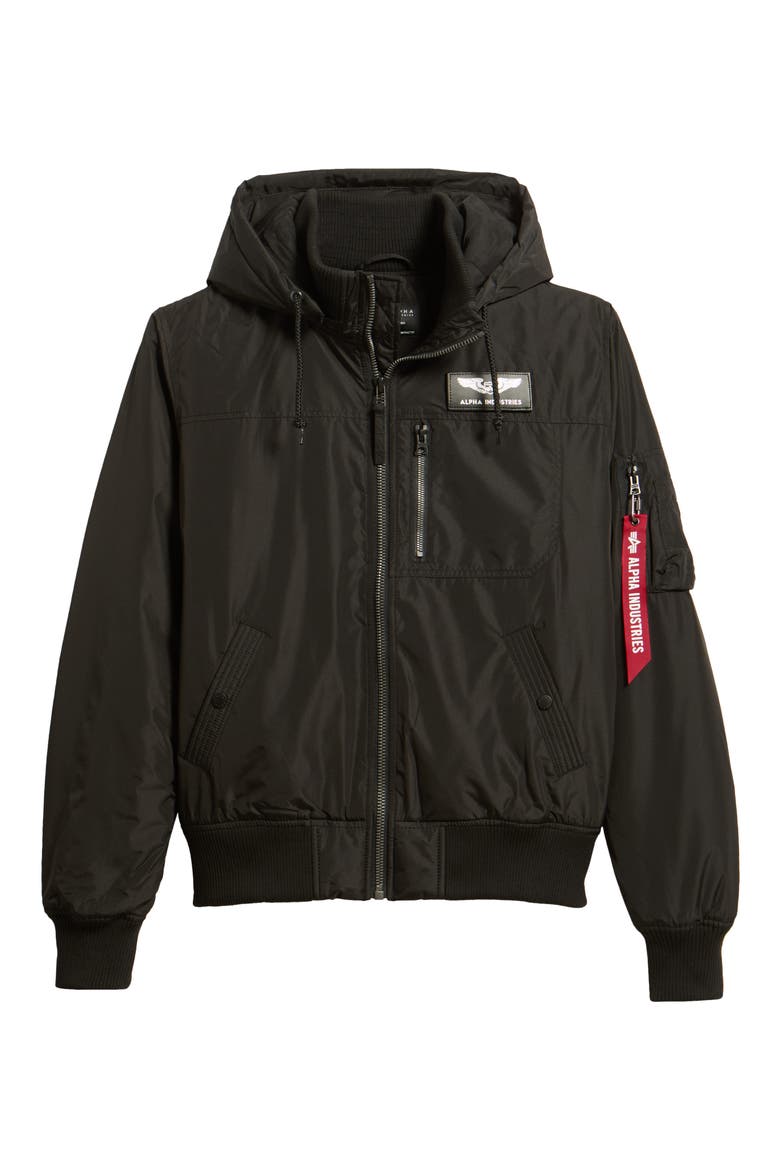 Hooded Rib Flight Jacket, Main, color, BLACK