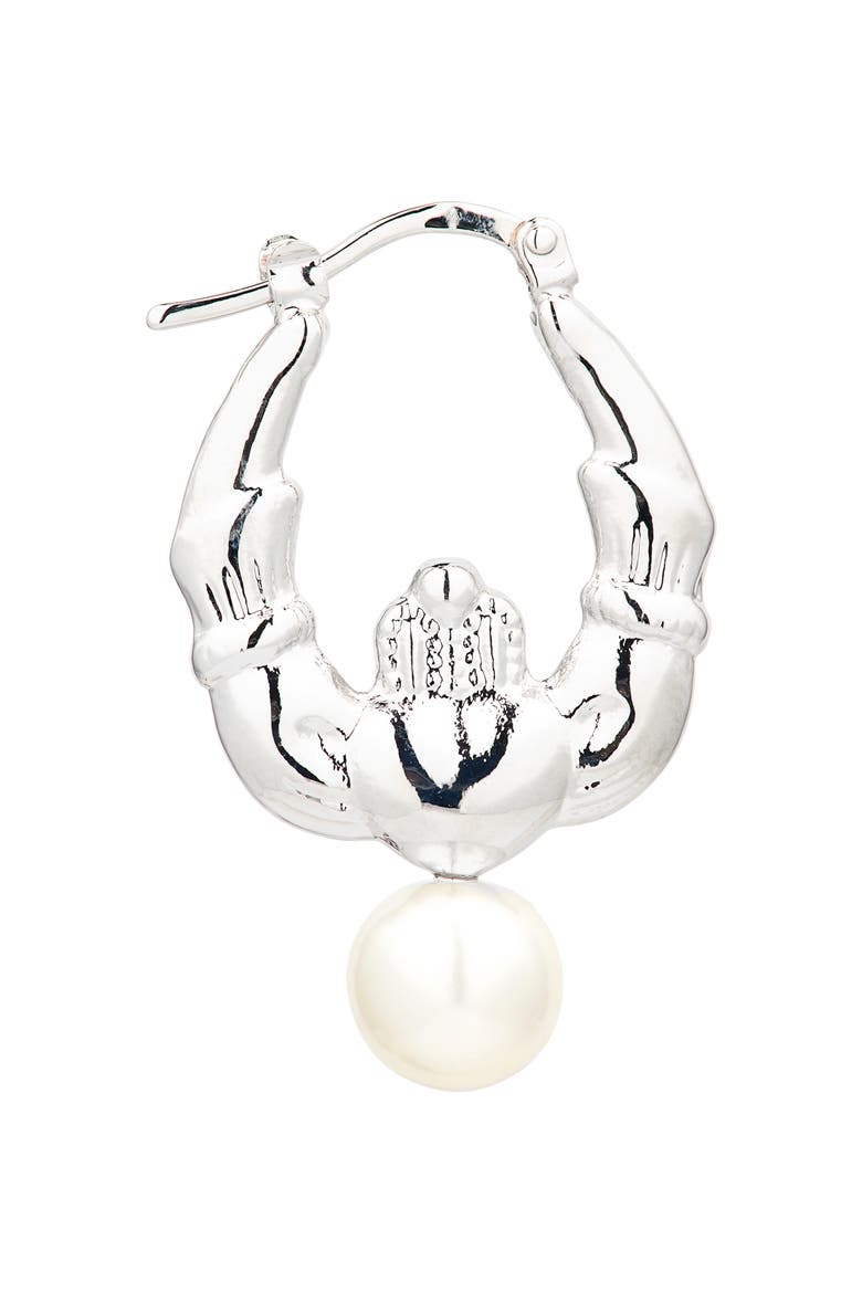 Faux Pearl Claddagh Hoop Earrings, Alternate, color, RHODIUM/ PEARL
