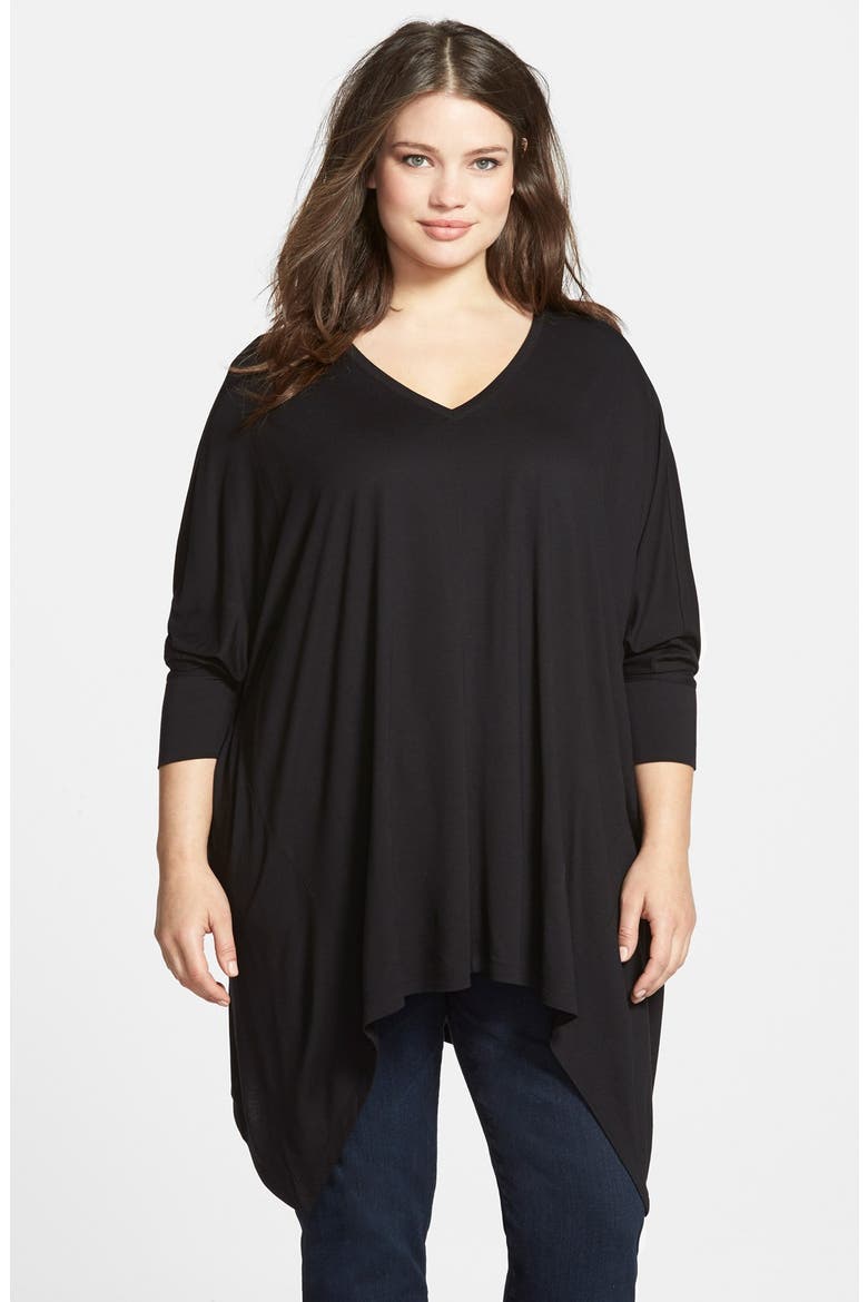 Shark Bite Hem Oversized V-Neck Tee, Main, color, BLACK