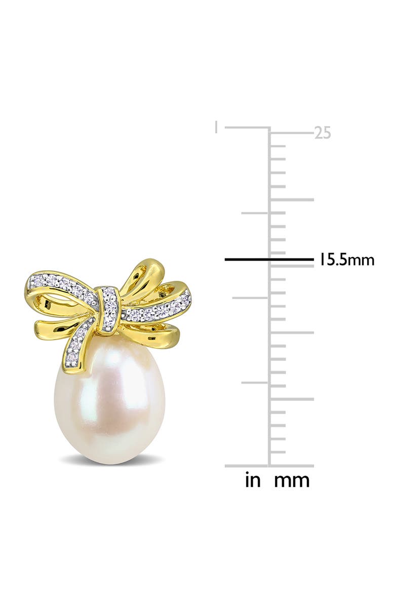 Sterling Silver Created White Sapphire and Cultured Pearl Bow Stud Earrings, Alternate, color, WHITE GOLD