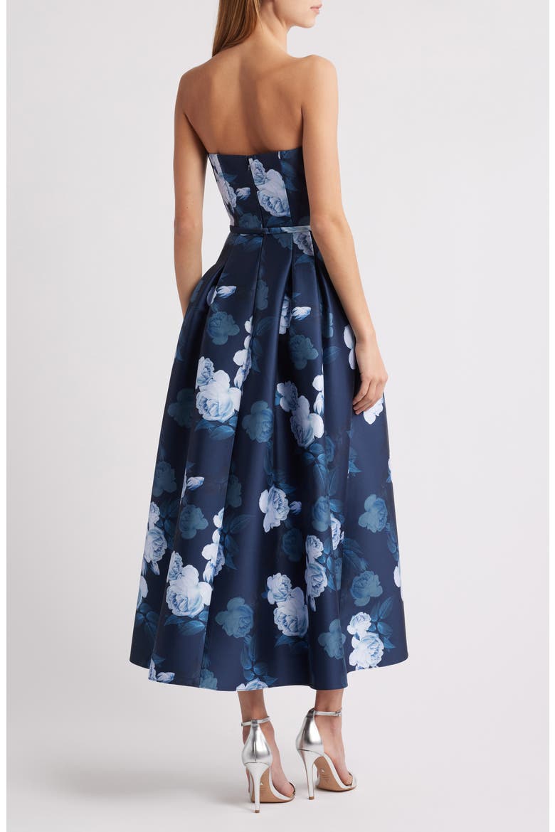 Shay Floral Strapless Stretch Mikado Cocktail Midi Dress, Alternate, color, MIDNIGHT GLACIAL ROSE