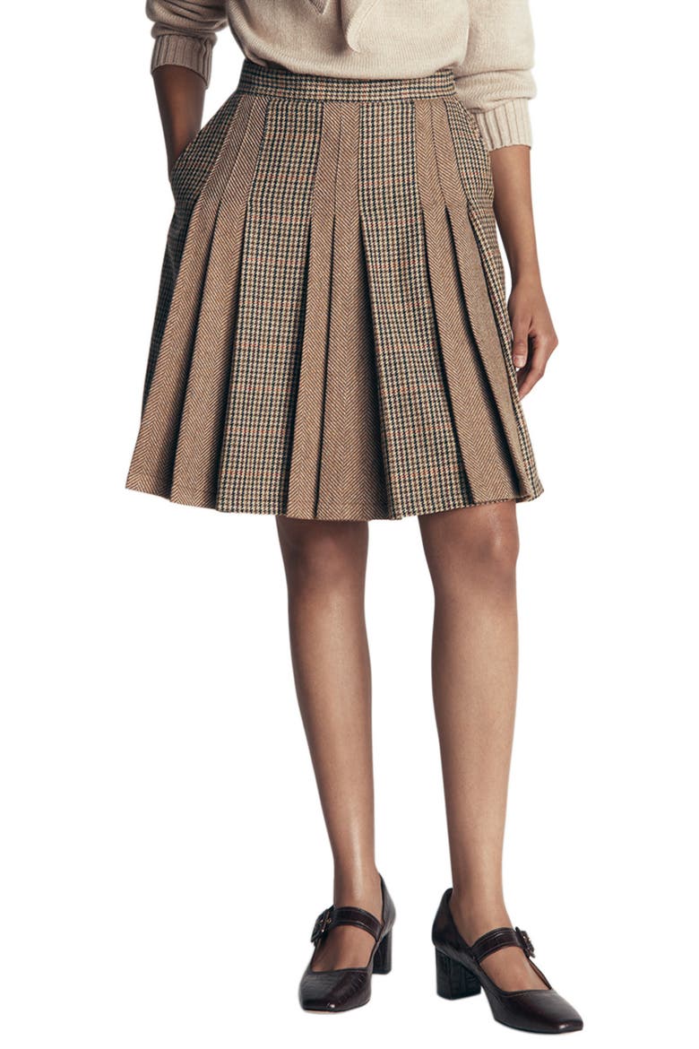 Mixed Panel Pleated Wool Blend Miniskirt, Main, color, BROWN HOTCH CHECK