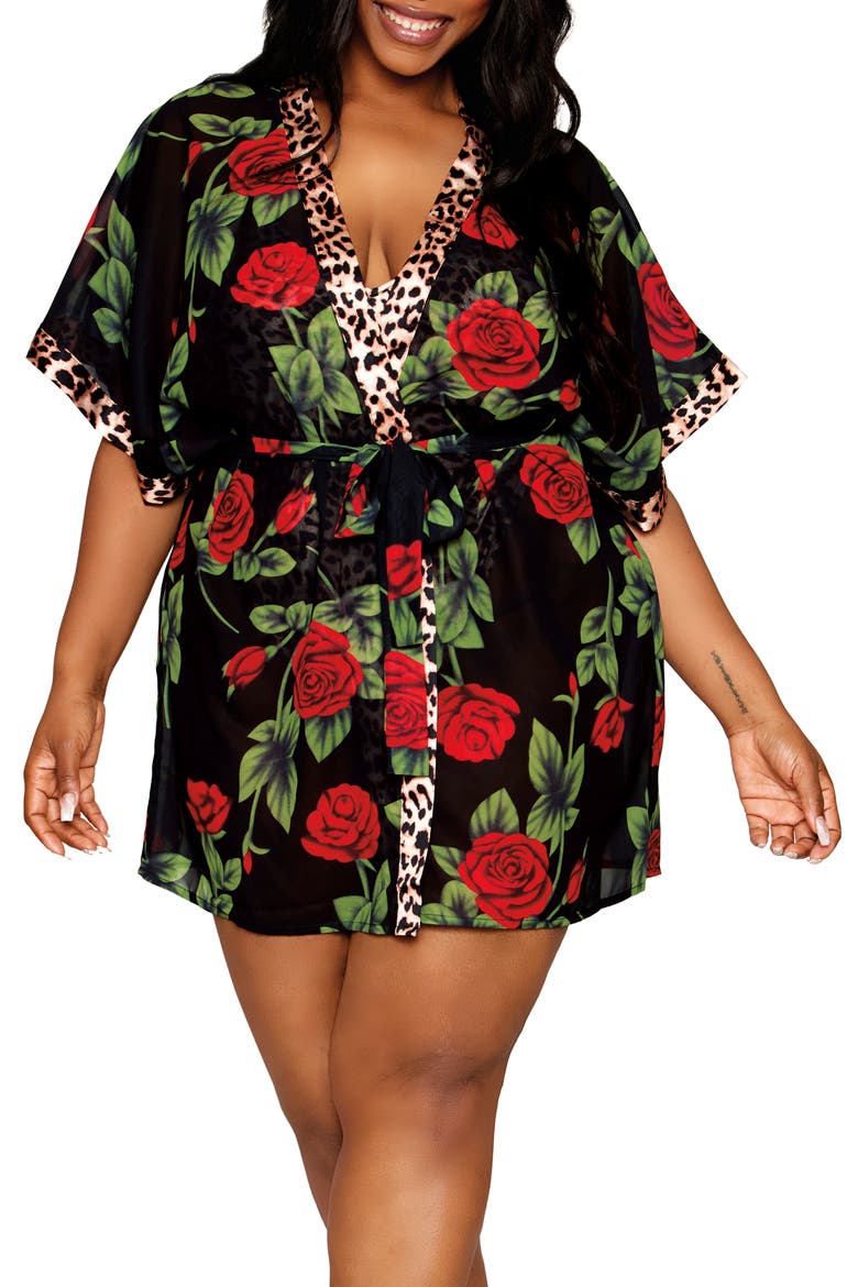 Leopard Print Teddy & Robe Set, Main, color, LEOPARD/ ROSE