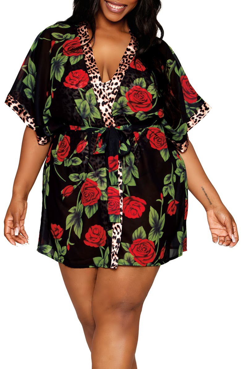 Dreamgirl Leopard Print Teddy & Robe Set, Main, color, Leopard/ Rose