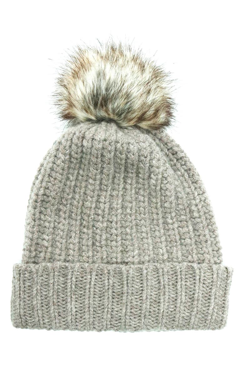 Portolano Chunky Wool Blend Beanie with Faux Fur Pompom, Main, color, Taupe Heather