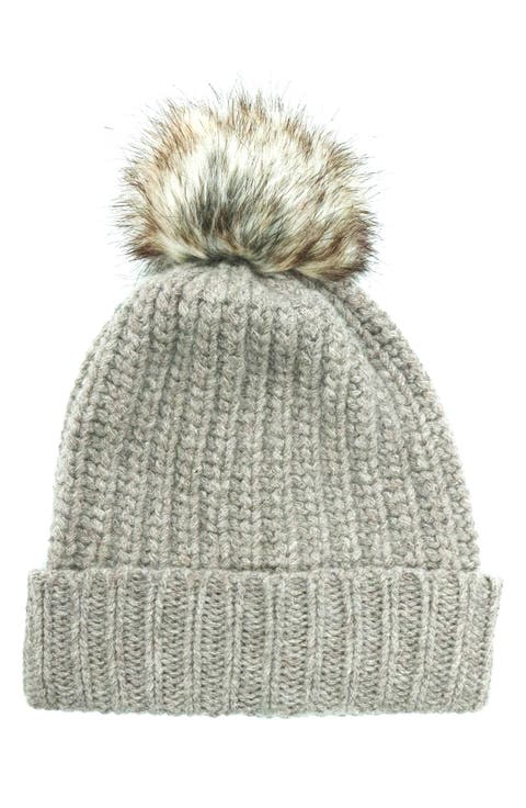 Chunky Wool Blend Beanie with Faux Fur Pompom