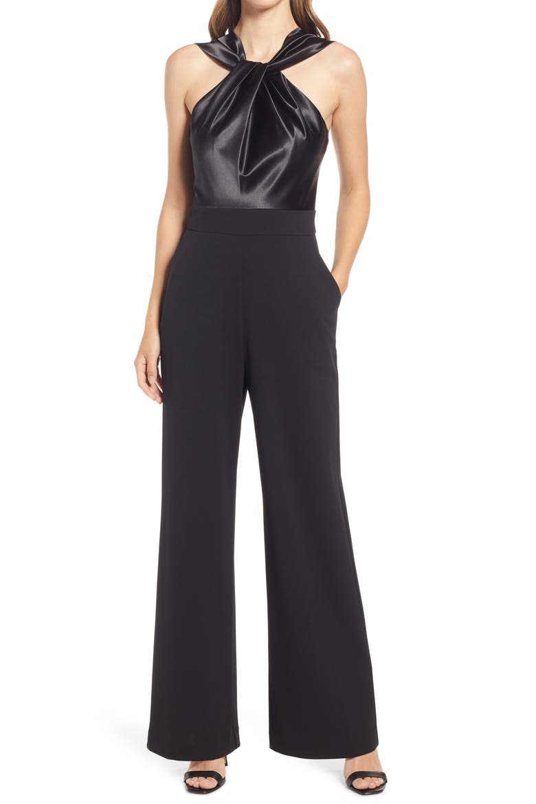 Twist Neck Satin & Crepe Jumpsuit, Main, color, BLACK