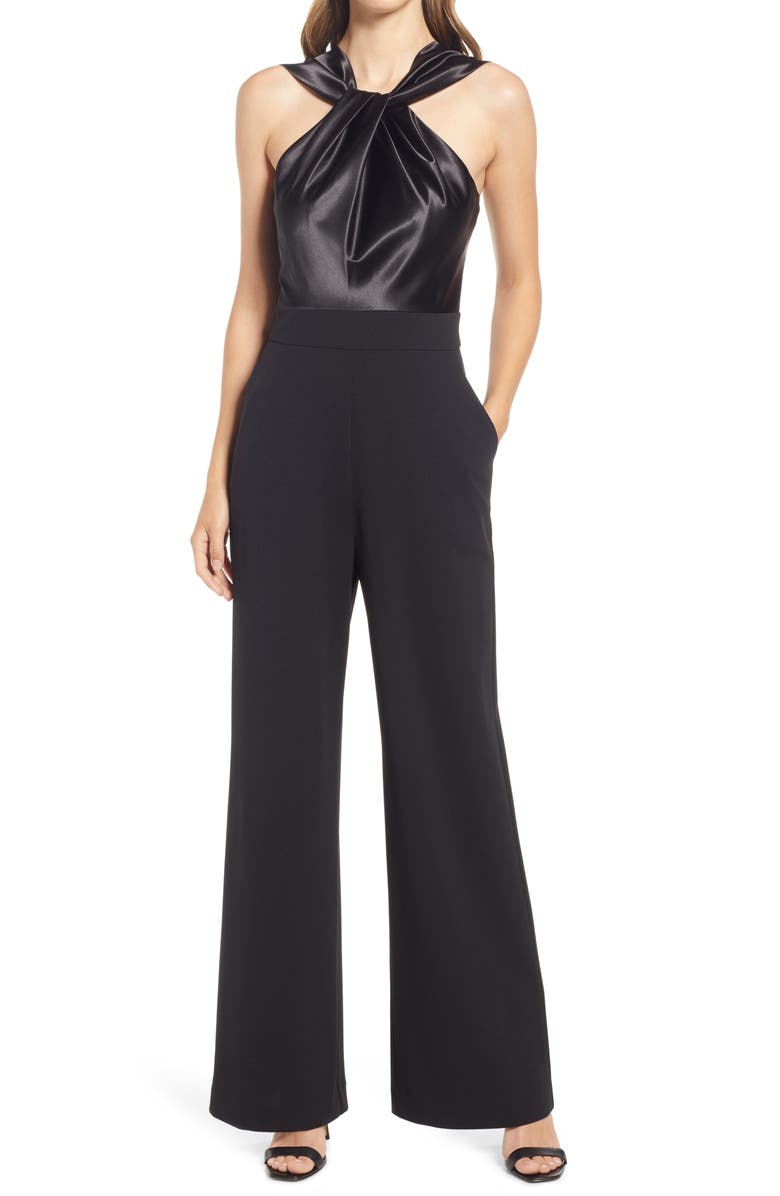 Eliza J Twist Neck Satin & Crepe Jumpsuit, Main, color, 