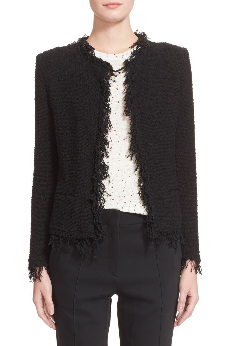 Fringe Trim Open Jacket, Alternate, color, BLACK