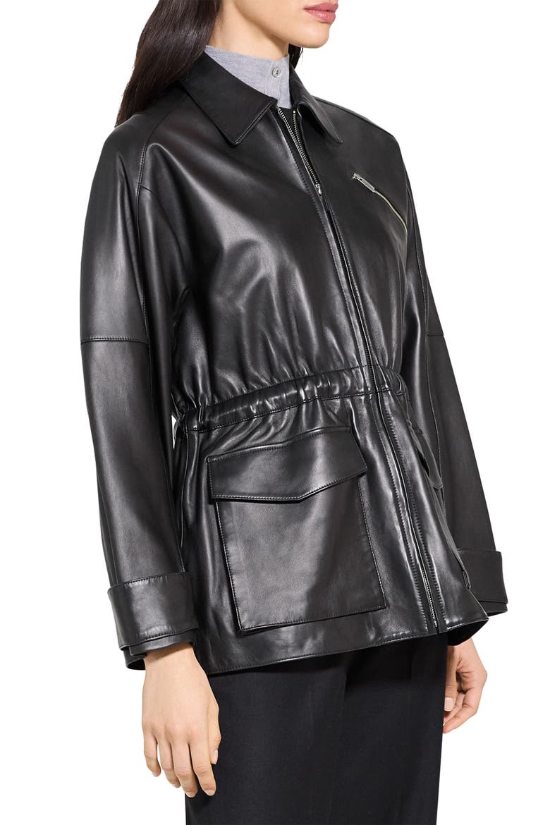 Cinch Waist Leather Jacket, Alternate, color, BLACK