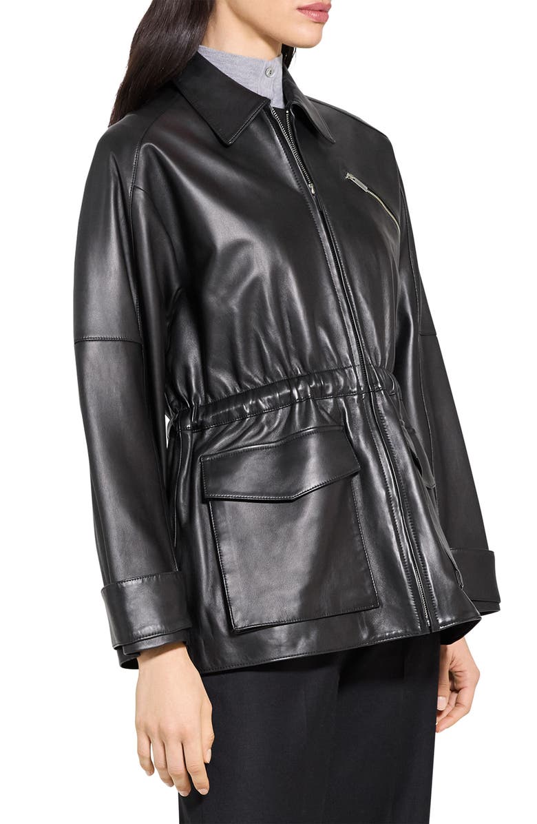 Theory Cinch Waist Leather Jacket, Alternate, color, Black