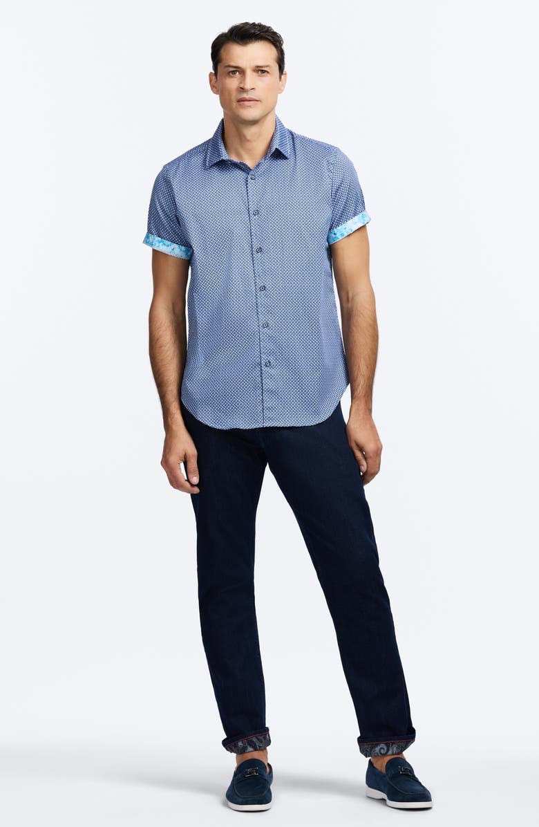 Robert Graham Grinnell Geo Pattern Short Sleeve Stretch Cotton Button-Up Shirt, Alternate, color, Blue Multi