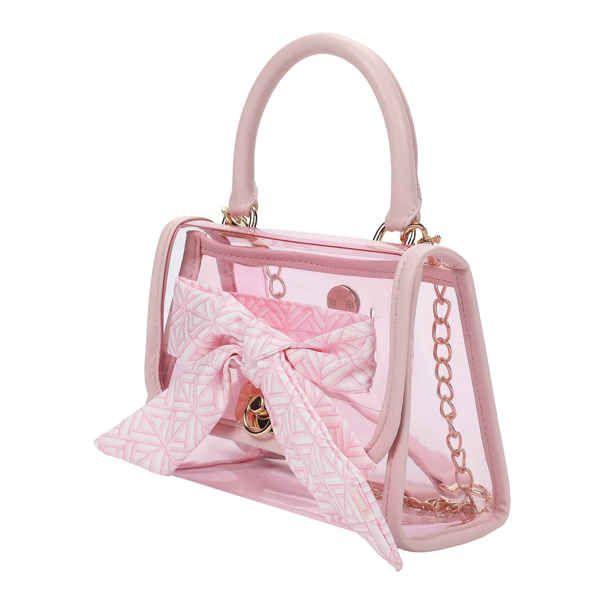 Clear Mini Crossbody Bag - Pink Trim with Gold Chain Strap, Removable Satin Bow Scarf, Top Handle, 7x3.5x5 Inch, Alternate, color, Pink