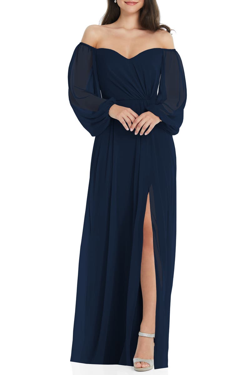 Dessy Collection Convertible Neck Long Sleeve Chiffon Gown, Main, color, Midnight Navy