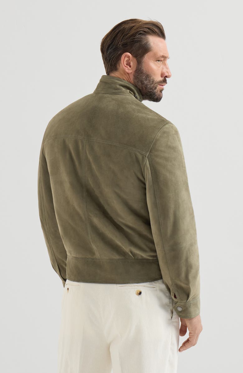 Brunello Cucinelli Suede outerwear jacket with Thermore<sup>®</sup> padding and standing collar, Alternate, color, Military