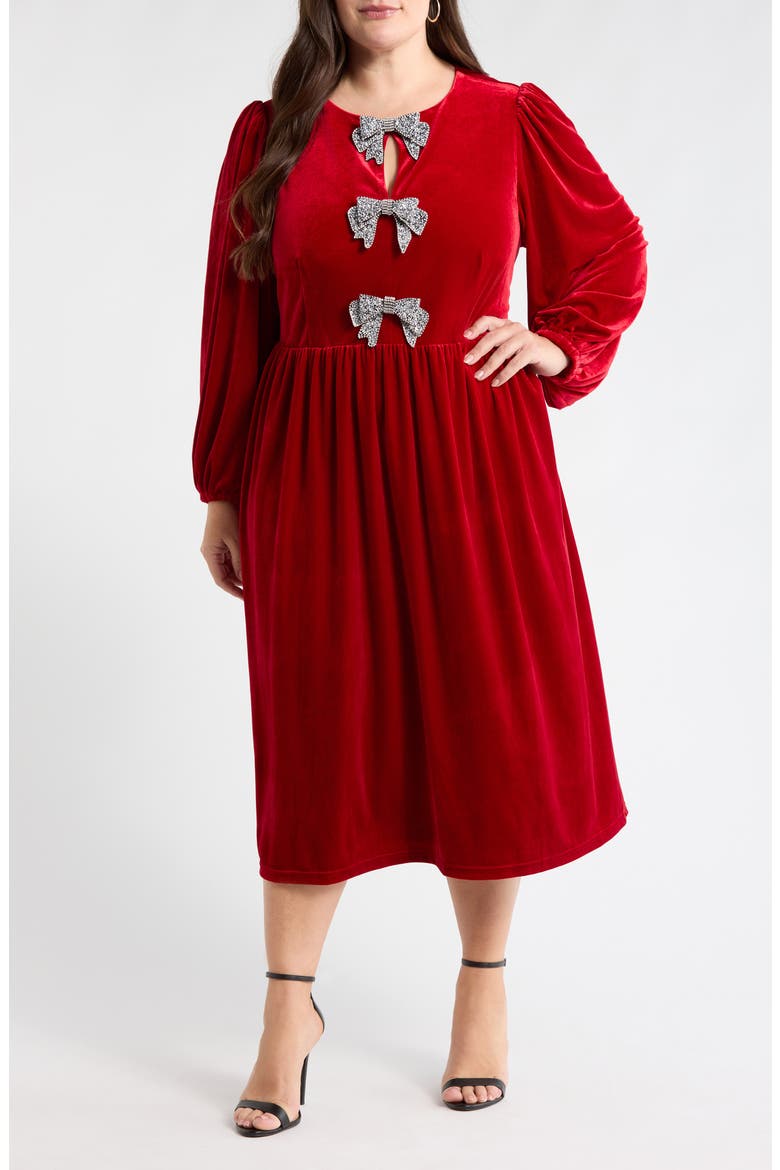 Jena Glow Bow Long Sleeve Velvet Midi Dress, Main, color, RED