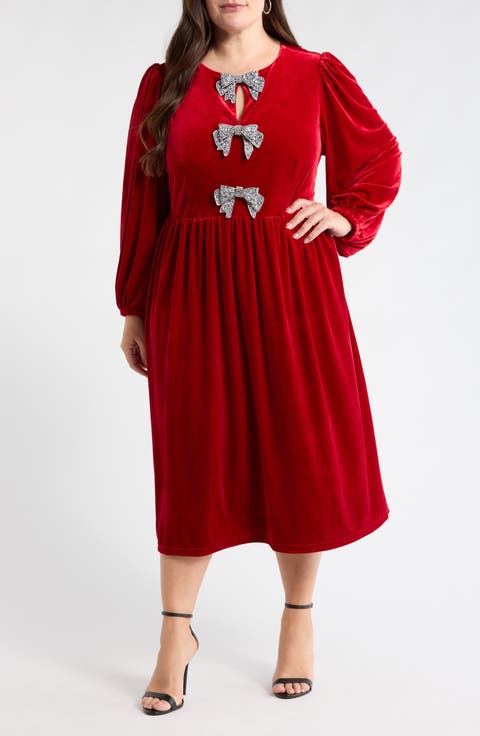 Jena Glow Bow Long Sleeve Velvet Midi Dress (Plus)