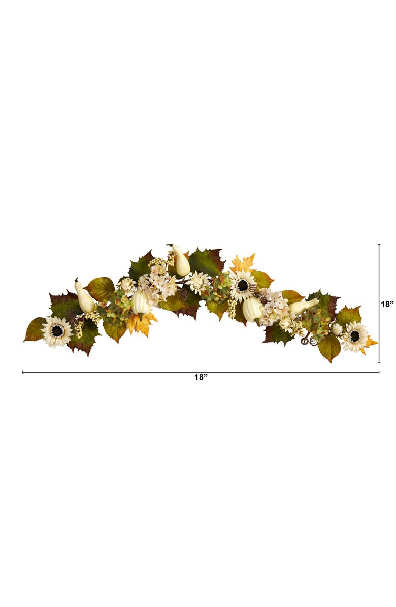 NEARLY NATURAL 5-ft Fall Sunflower, Hydrangea and White Pumpkin Artificial Autumn Garland, Alternate, color, Green