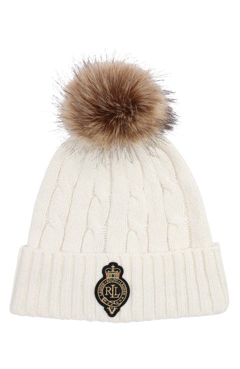 Cable Stitch Crew Patch Pompom Beanie