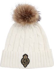 Lauren Ralph Lauren Cable Stitch Crew Patch Pompom Beanie