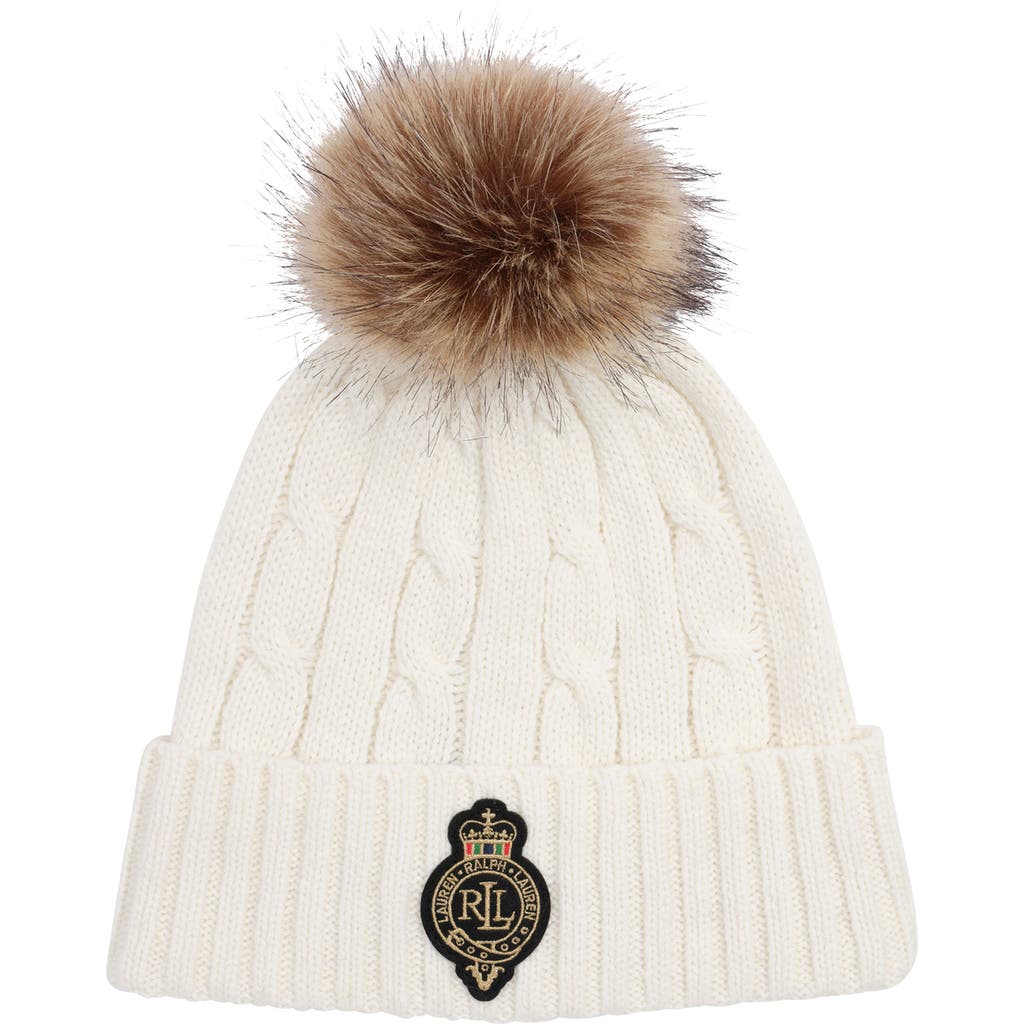Ralph Lauren Lauren Cable Stitch Crew Patch Pompom Beanie In Neutral