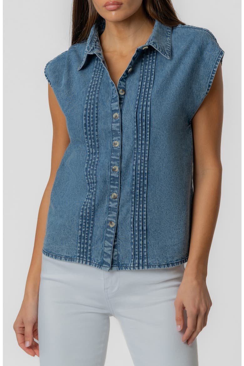 Penelope Pintuck Cap Sleeve Denim Shirt, Main, color, BEAMING