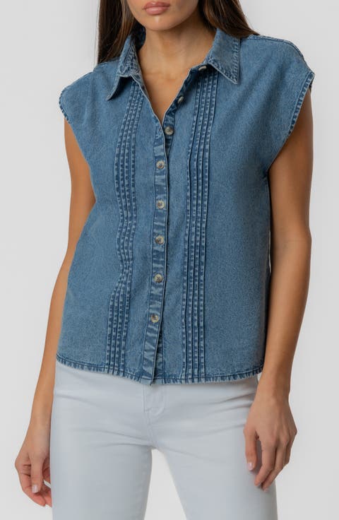 Penelope Pintuck Cap Sleeve Denim Shirt