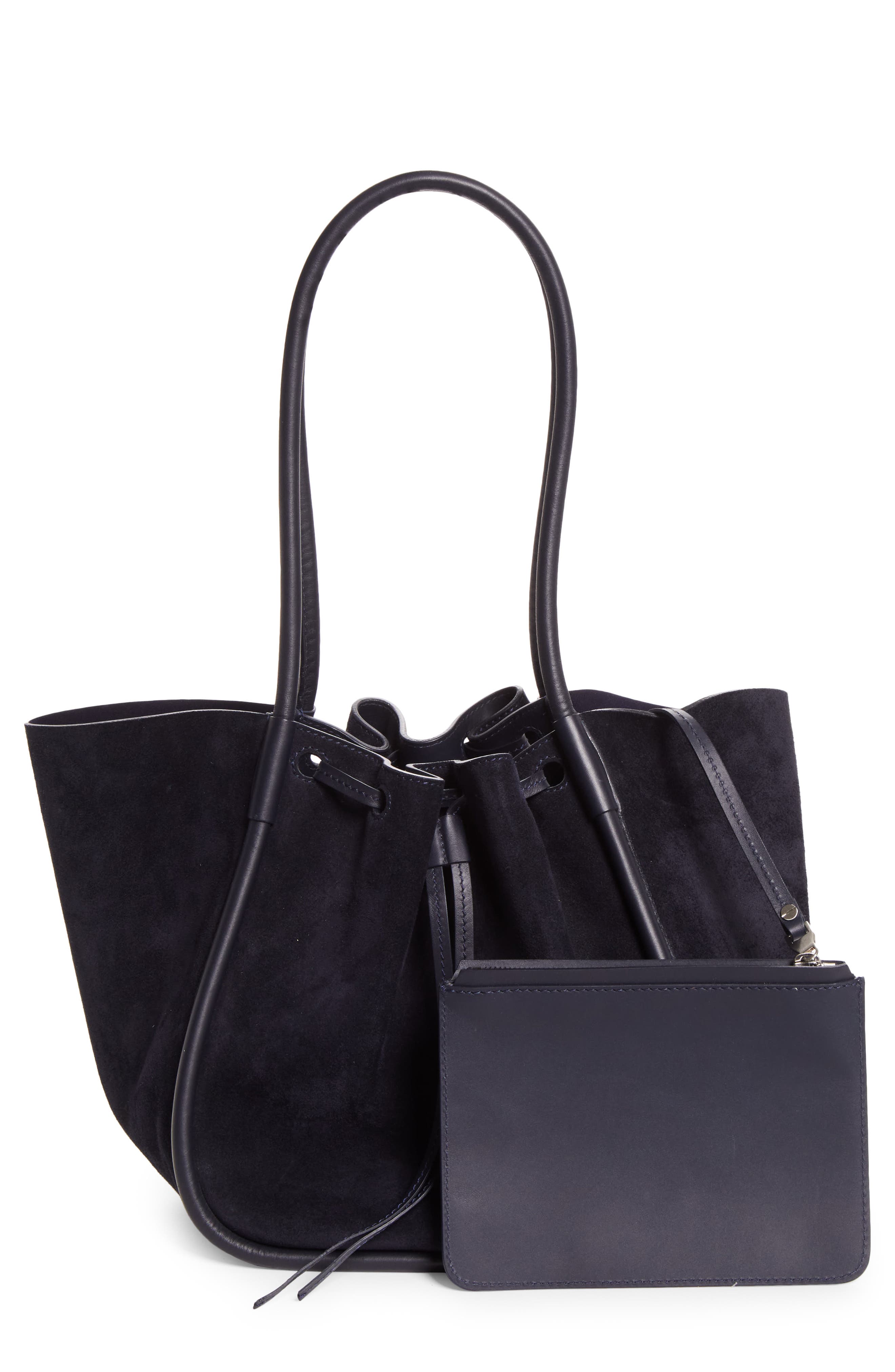 Large Ruched Suede Tote, Alternate, color, DEEP NAVY