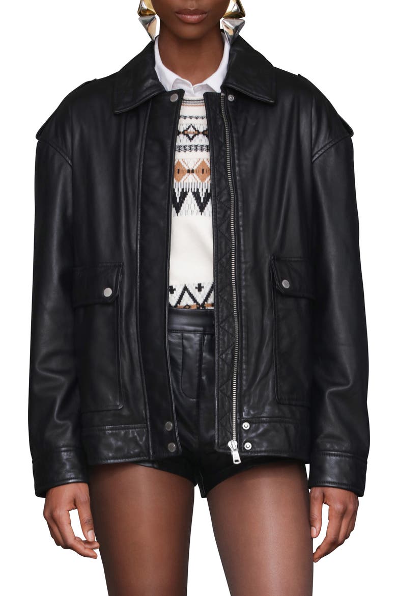 Pieced Back Leather Bomber Jacket, Main, color, BLACK