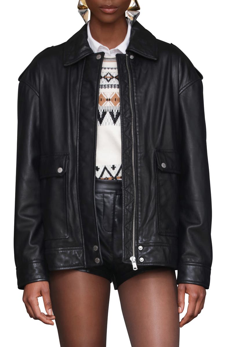 Avec Les Filles Pieced Back Leather Bomber Jacket, Main, color, Black