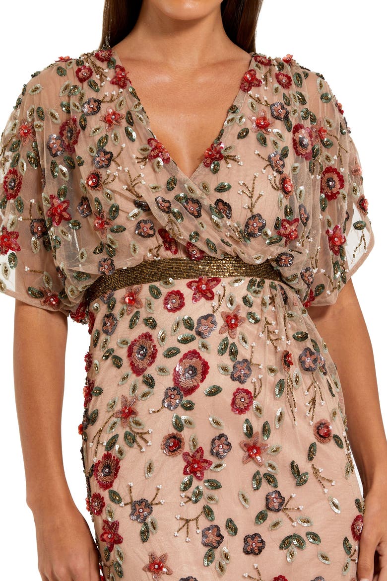 Floral Embellished Short Sleeve Blouson Gown, Alternate, color, Antique Rose