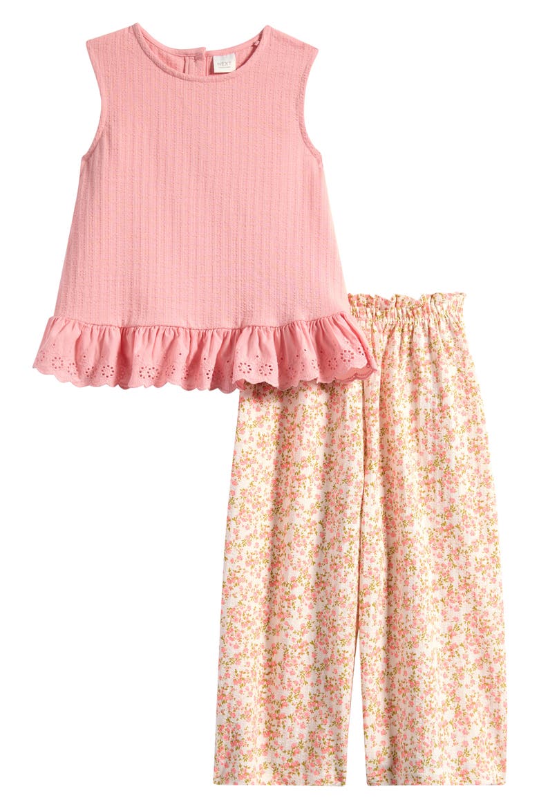 Kids' Broderie Trim Top & Floral Pants Set, Main, color, PINK