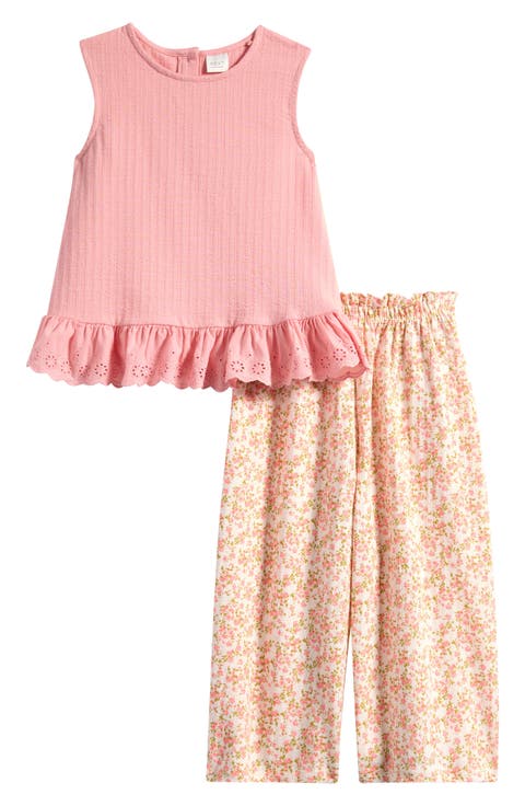 Kids' Broderie Trim Top & Floral Pants Set
