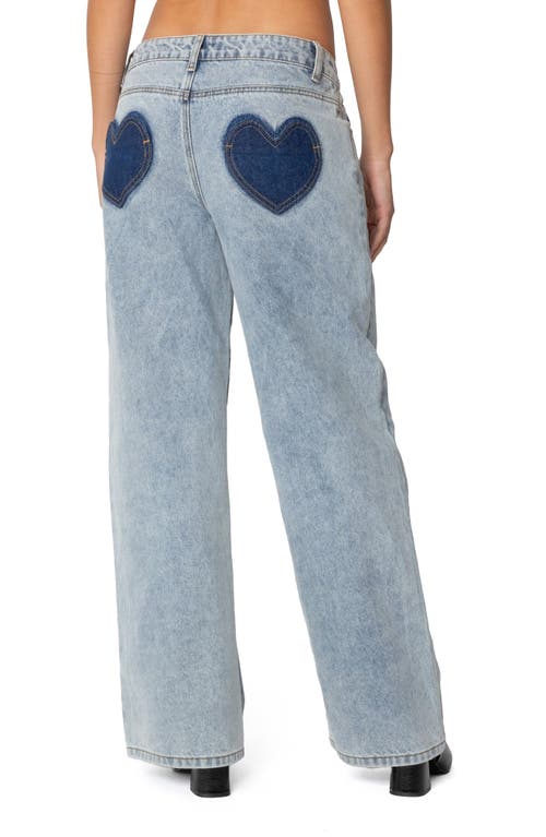 Shop Edikted Contrast Heart Low Rise Wide Leg Jeans In Blue-washed