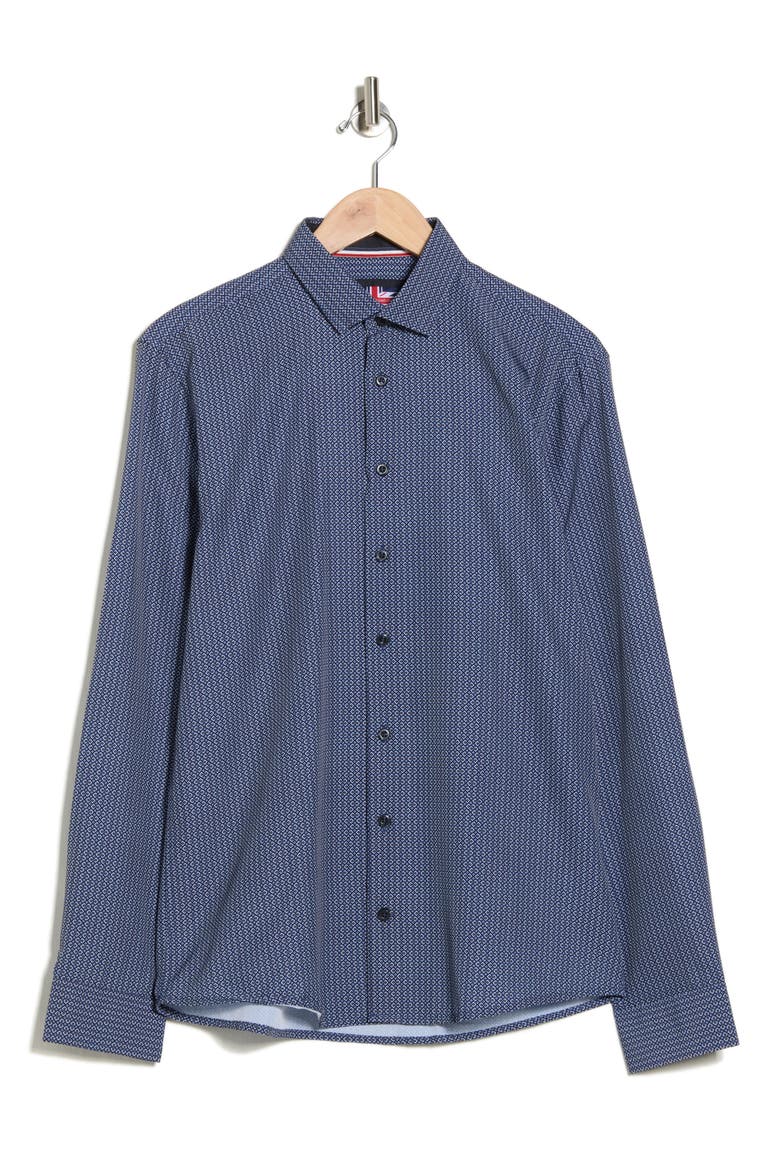 Geometric Stretch Button-Up Shirt, Alternate, color, NAVY / MARINE