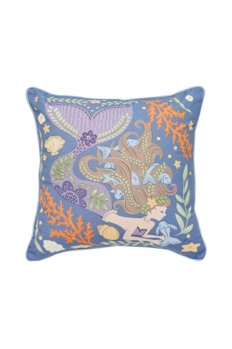 Mermaid Coral Printed & Embellished Accent Throw Pillow, Main, color, Blue