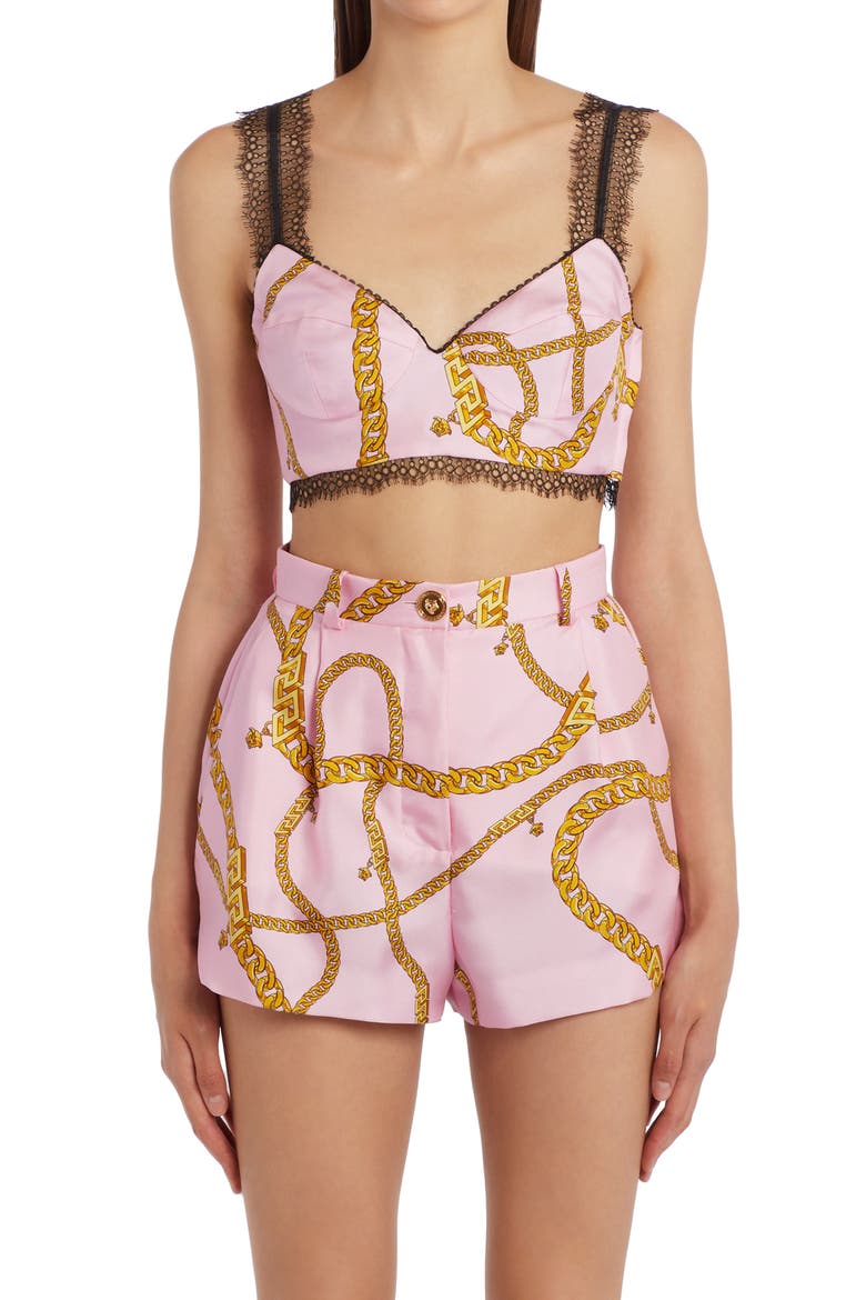 Chain Print Crop Silk Bustier Top, Main, color, CANDY GOLD