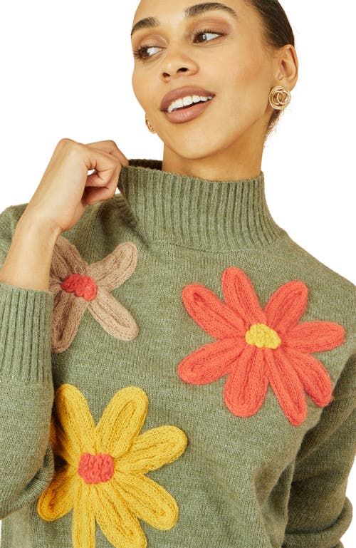 Yumi Floral Detail High Neck Knit Sweater In Green
