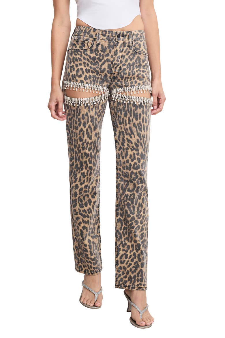 Good Icon Crystal Embellished Cutout Straight Leg Jeans, Main, color, LUCKY LEOPARD001