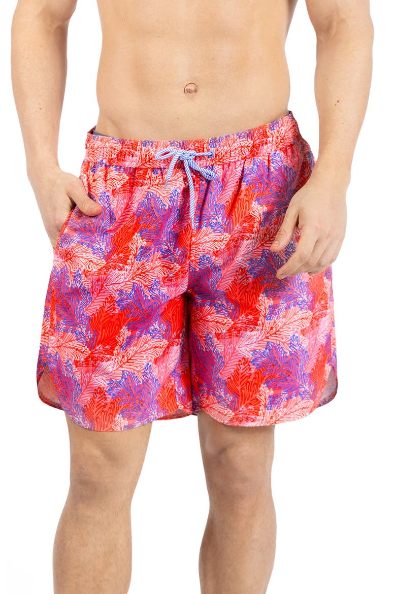 Leaves Print Swim Trunks, Main, color, CORAL