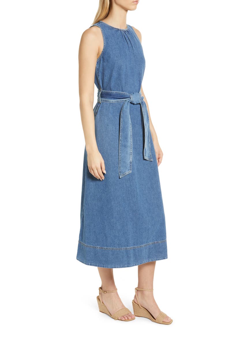 Belted Nonstretch Denim Midi Dress, Alternate, color, MID VINTAGE DENIM