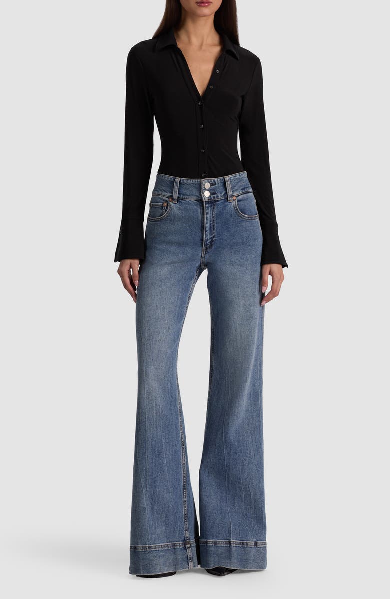 Alice + Olivia Freya Long Sleeve Nipped Waist Bodysuit, Alternate, color, Black