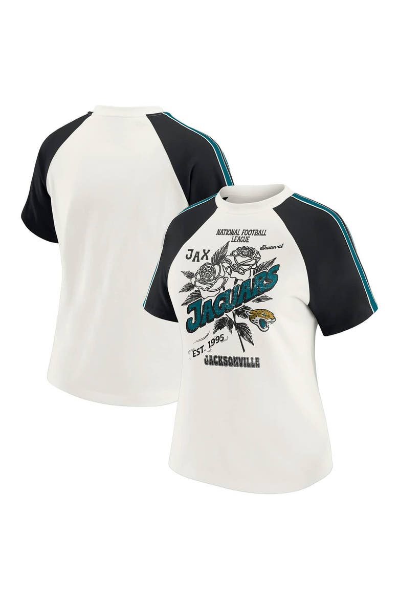 Women's WEAR by Erin Andrews White Jacksonville Jaguars Sleeve Stripe Distressed Raglan T-Shirt, Main, color, White
