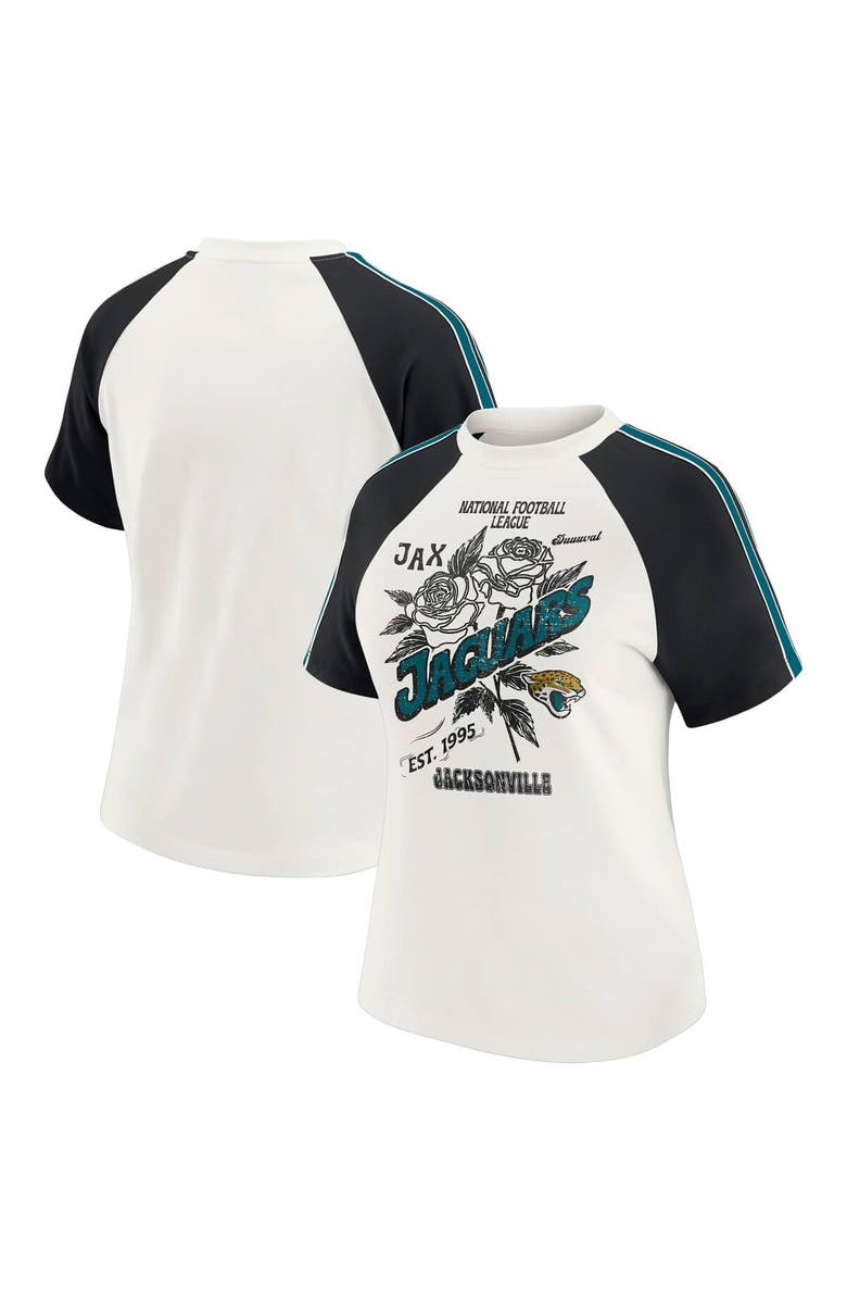WEAR by Erin Andrews Women's WEAR by Erin Andrews White Jacksonville Jaguars Sleeve Stripe Distressed Raglan T-Shirt, Main, color, White