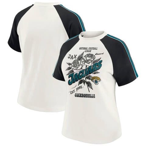 Women's WEAR by Erin Andrews White Jacksonville Jaguars Sleeve Stripe Distressed Raglan T-Shirt