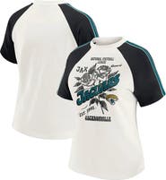 WEAR by Erin Andrews Women's WEAR by Erin Andrews White Jacksonville Jaguars Sleeve Stripe Distressed Raglan T-Shirt