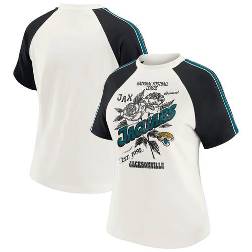 Wear By Erin Andrews White Jacksonville Jaguars Sleeve Stripe Distressed Raglan T-shirt In White