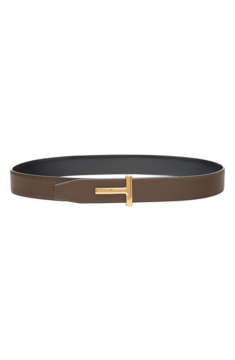 TOM FORD Smooth Leather Belt, Main, color, 3En17 Dark Khaki/ Black