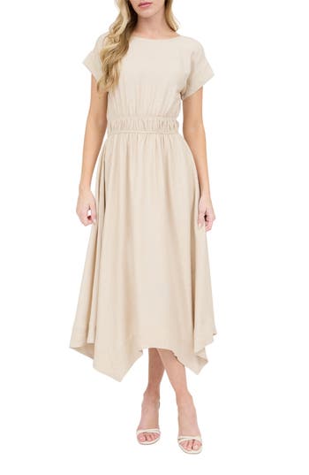 August Sky Asymmetric Shift Dress In Light Khaki