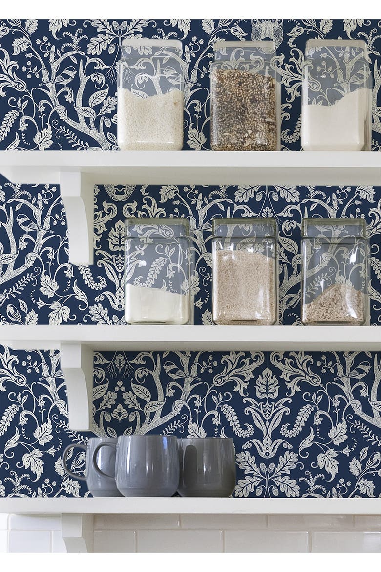Navy Escape to the Forest Peel & Stick Wallpaper, Alternate, color, BLUE